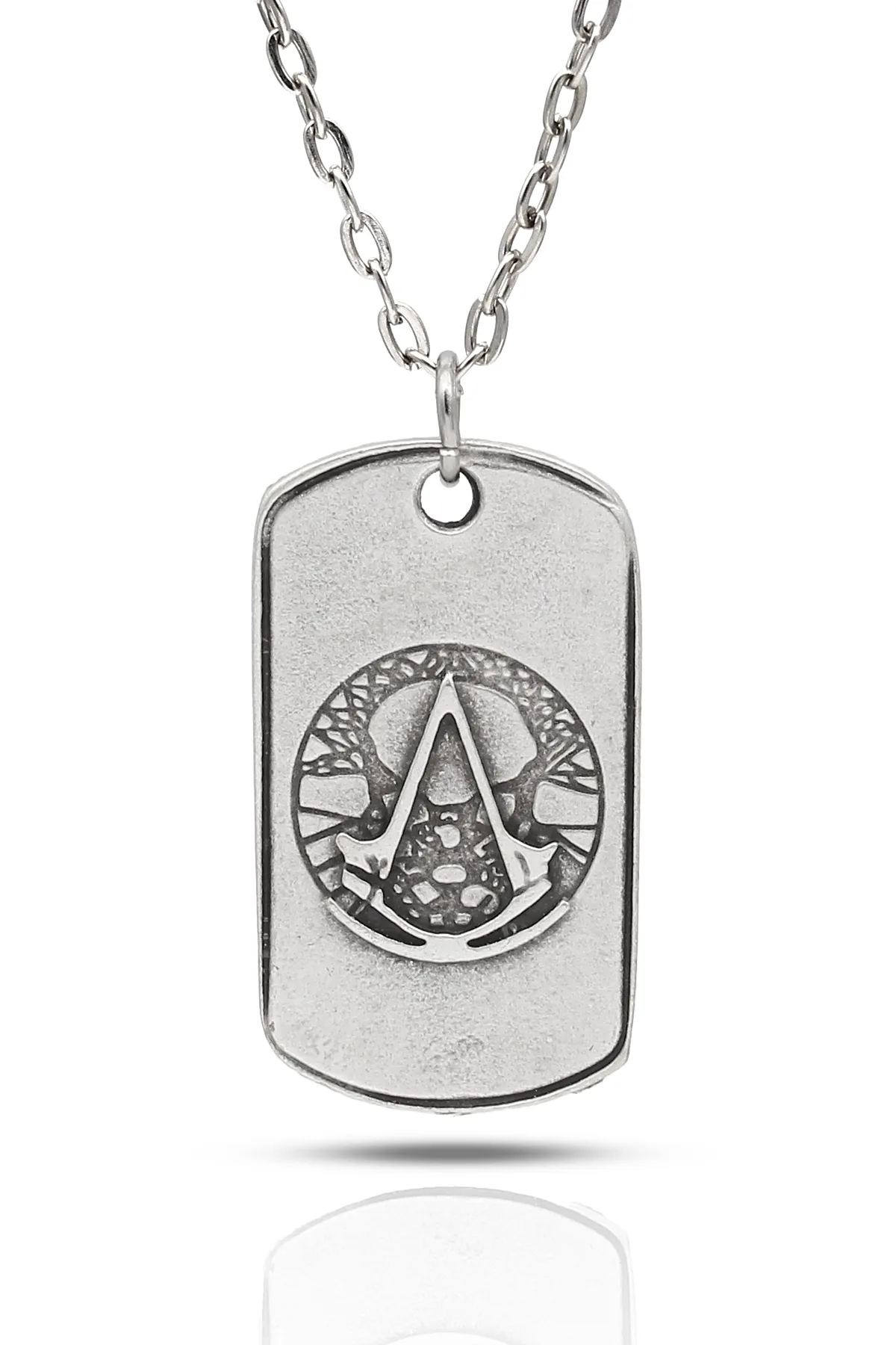 Assassin Creed Ubi Work Shop Sembollü Künye Kolye - Antik Gümüş Kaplama - Antik Gümüş Kaplama - Klasik Zincir - 65 cm