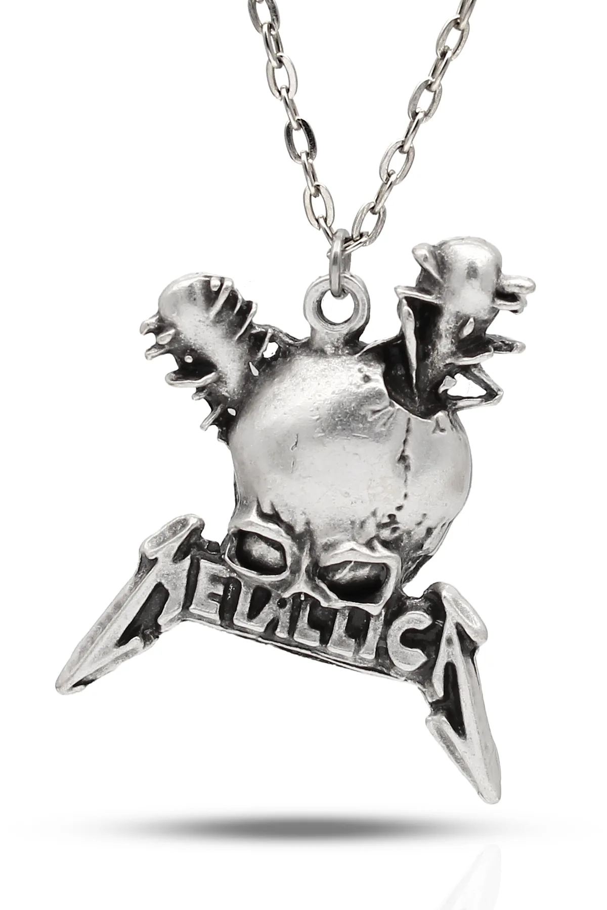 Metallica Topuz Kurukafa Fan Kolye - Antik Gümüş Kaplama - Antik Gümüş Kaplama - Klasik Zincir - 65 cm