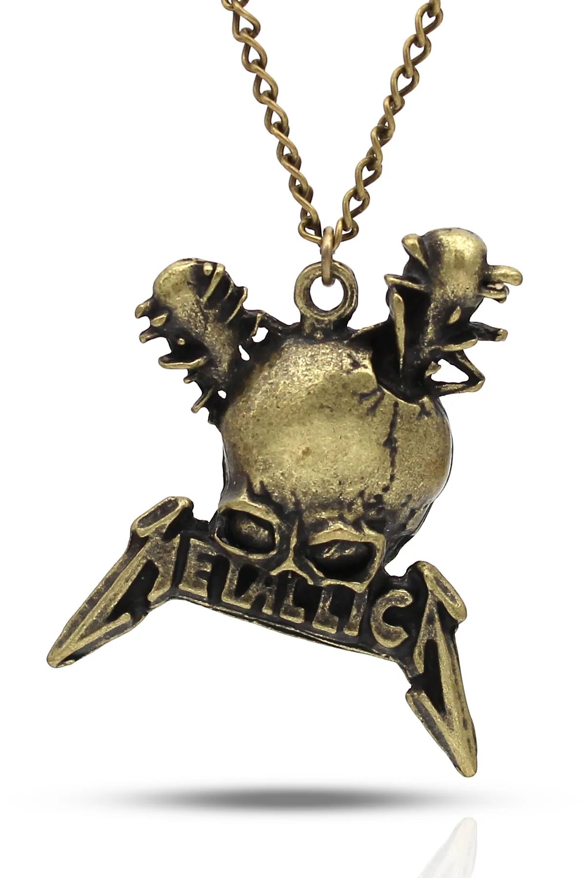 Metallica Topuz Kurukafa Fan Kolye - Antik Gümüş Kaplama - Antik Sarı Kaplama - Klasik Zincir - 65 cm