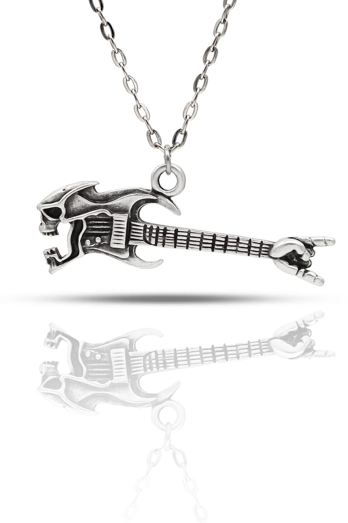 Kurukafa Figürlü Elektro Gitar Kolye - Antik Gümüş Kaplama - Antik Gümüş Kaplama - Klasik Zincir - 65 cm