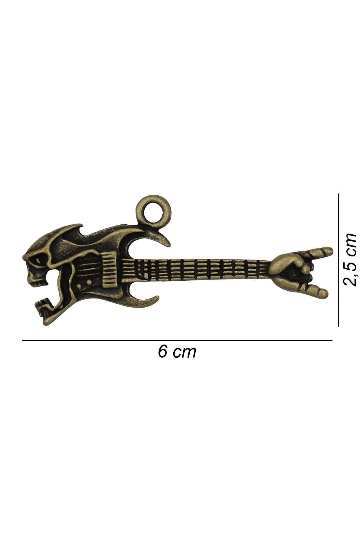 Kurukafa Figürlü Elektro Gitar Kolye - Antik Gümüş Kaplama - Antik Sarı Kaplama - Klasik Zincir - 65 cm