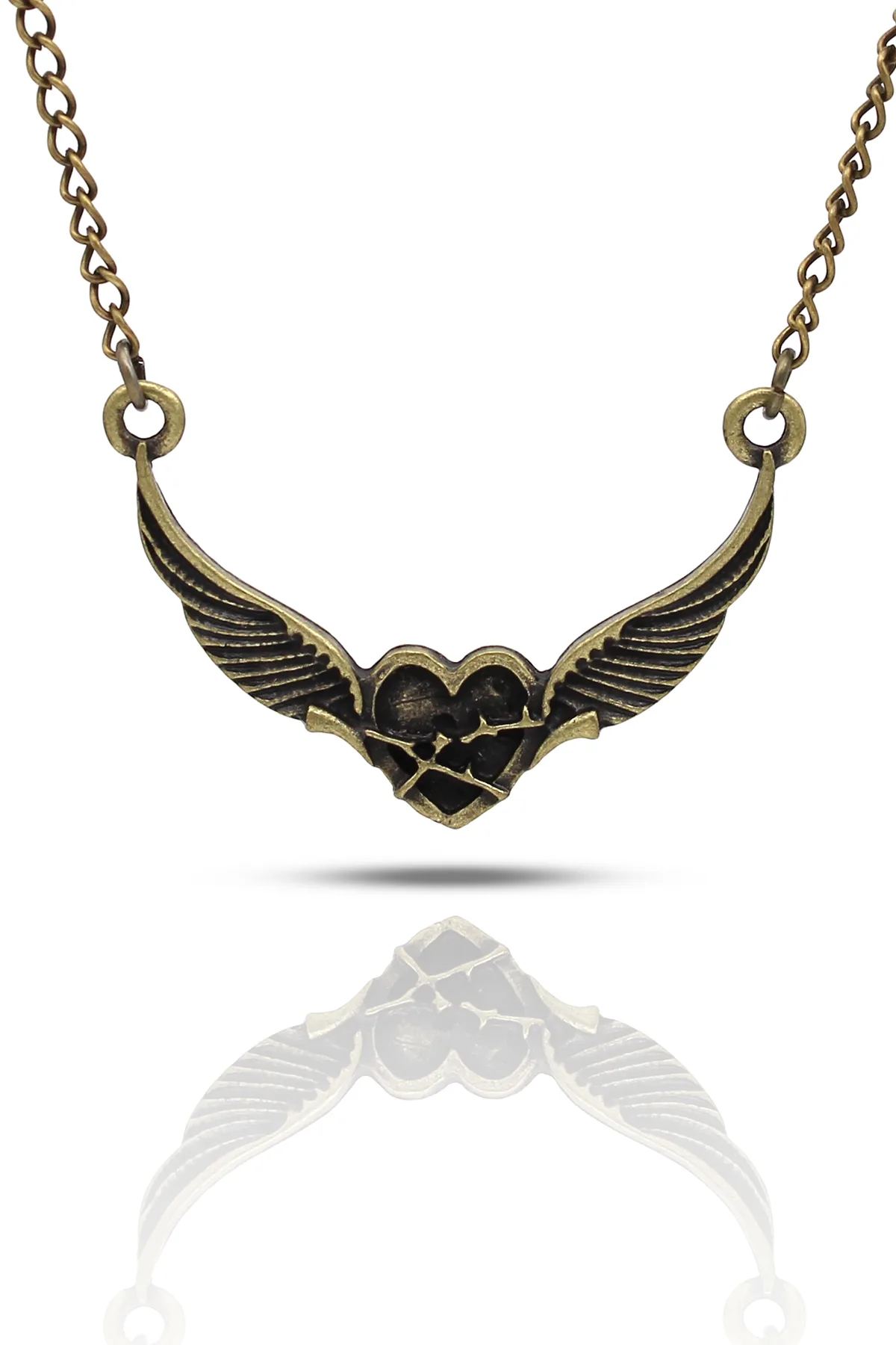Kanatlı Siyah Kalp Gotik Kolye - Mineli Antik Sarı Kaplama - Antik Sarı Kaplama - Klasik Zincir - 65 cm