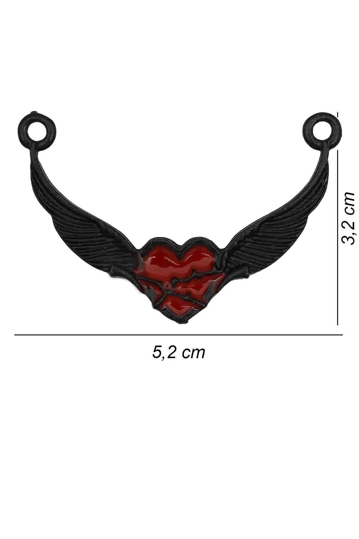 Kanatlı Siyah Kalp Gotik Kolye - Mineli Antik Gümüş Kaplama - Siyah Renk - Klasik Zincir - 65 cm