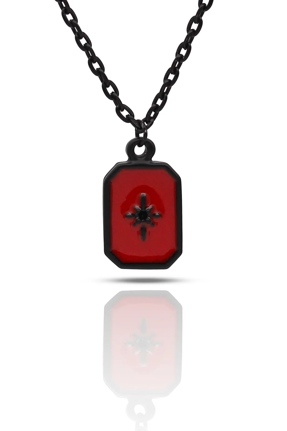 Kuzey Yıldızı Kolye - Kırmızı Mineli - Siyah Renk - Klasik Zincir - 65 cm