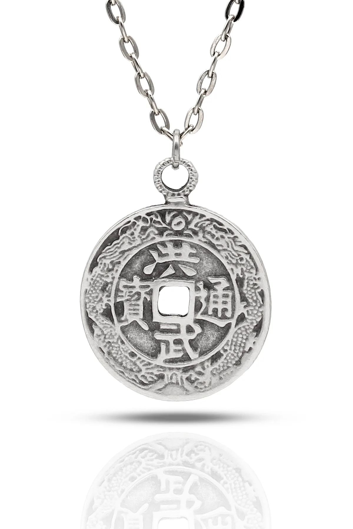 Çin Feng Shui Şans Parası Çift Taraflı Kolye - Antik Gümüş Kaplama - Antik Gümüş Kaplama - Klasik Zincir - 65 cm