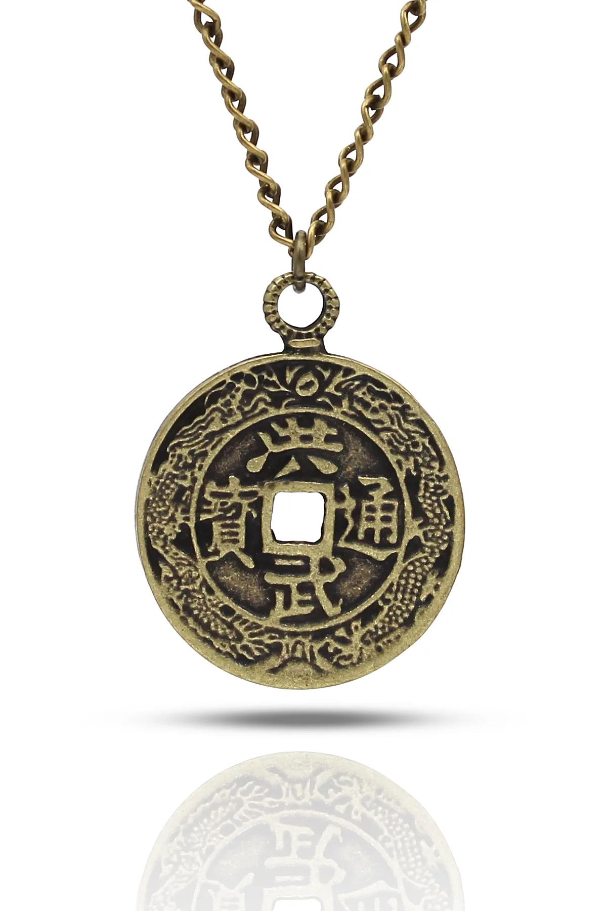 Çin Feng Shui Şans Parası Çift Taraflı Kolye - Antik Gümüş Kaplama - Antik Sarı Kaplama - Klasik Zincir - 65 cm