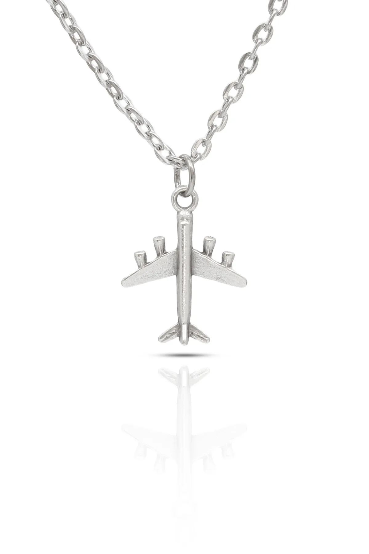 Mini Uçak Kolye - Antik Gümüş Kaplama - Antik Gümüş Kaplama - Klasik Zincir - 65 cm