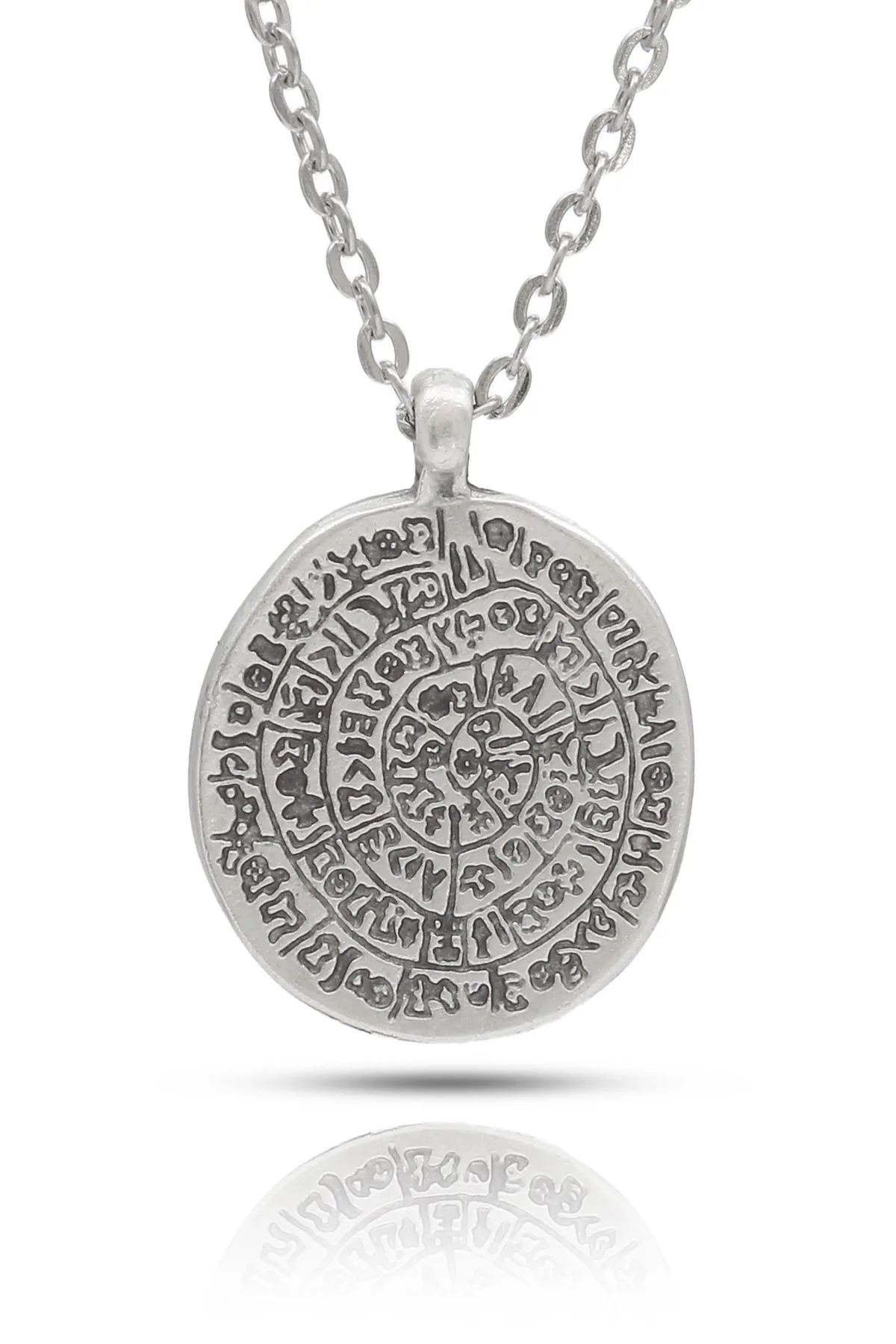 Phaistos Disk Kolye Antik Yunan Kolye - Antik Gümüş Kaplama - Antik Gümüş Kaplama - Klasik Zincir - 65 cm