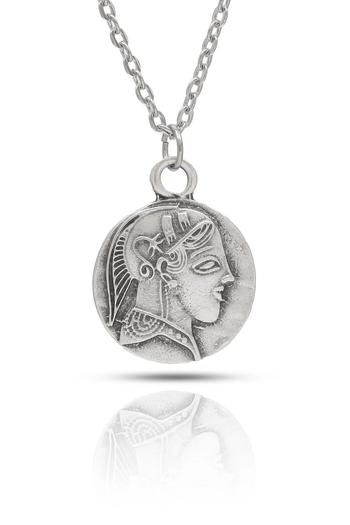 Antik Yunan Athena Sikke Kolye - Antik Gümüş Kaplama Para Kolye - Antik Gümüş Kaplama - Klasik Zincir - 65 cm