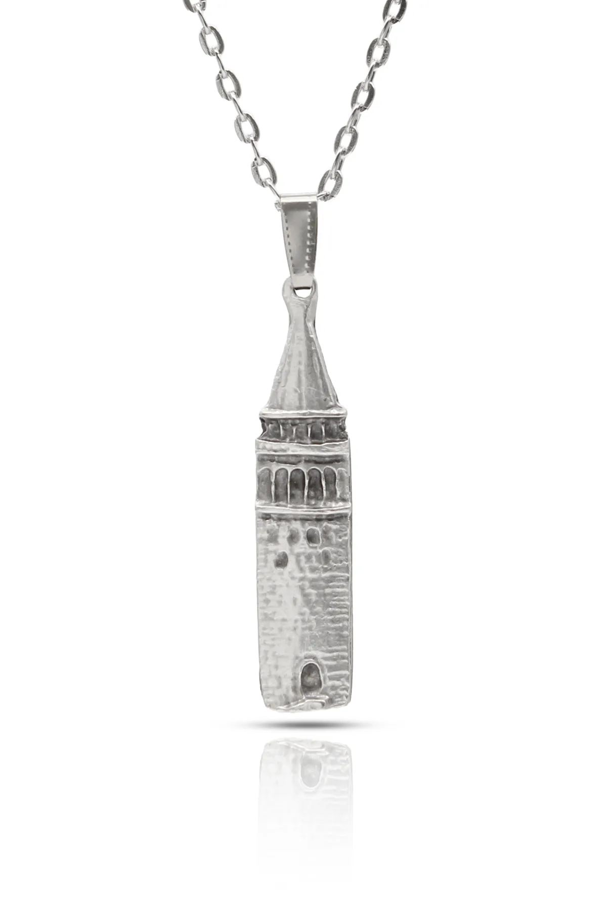 Galata Kulesi Kolye Tarihi İstanbul Kolye - Antik Gümüş Kaplama - Antik Gümüş Kaplama - Klasik Zincir - 65 cm