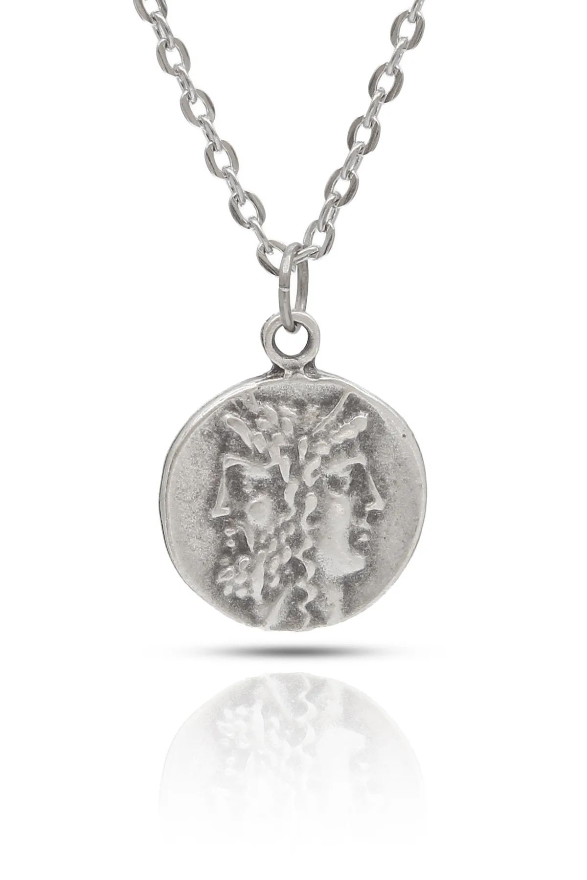 Janus Kolye Çift Yüzlü Antik Roma Mitolojik Kolye - Antik Gümüş Kaplama - Antik Gümüş Kaplama - Klasik Zincir - 65 cm
