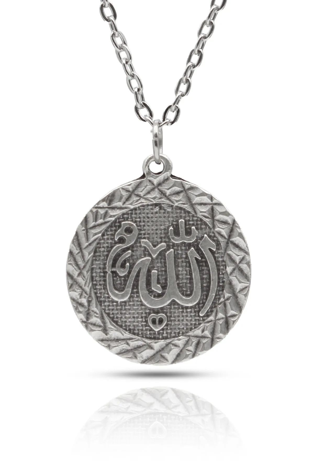 Kabartmalı Allah Yazılı Kolye Allah Lafzı Kolye - Antik Gümüş Kaplama - Antik Gümüş Kaplama - Klasik Zincir - 65 cm