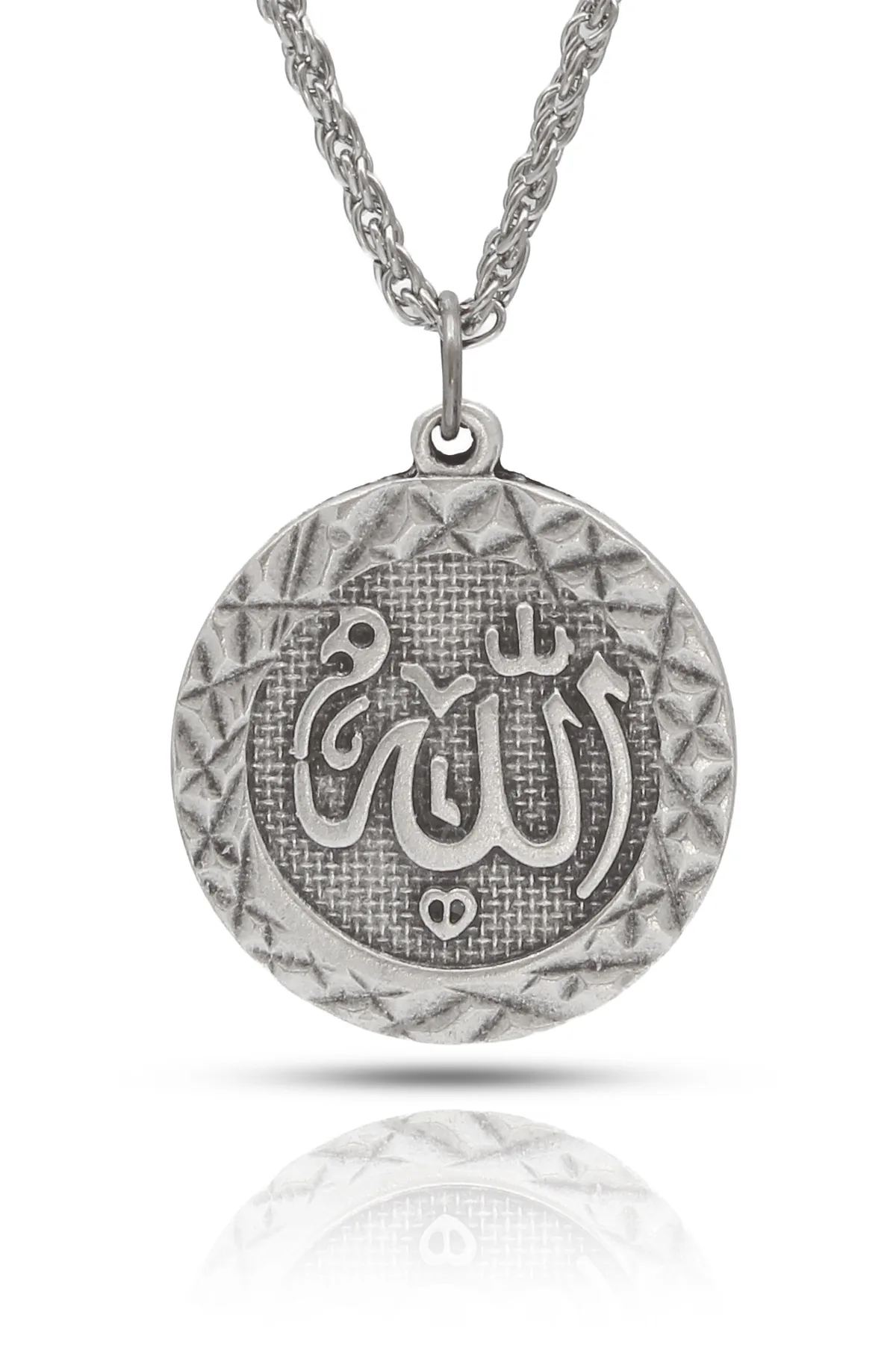 Kabartmalı Allah Yazılı Kolye Allah Lafzı Kolye - Antik Gümüş Kaplama - Antik Gümüş Kaplama - Burgu Zincir - 65 cm