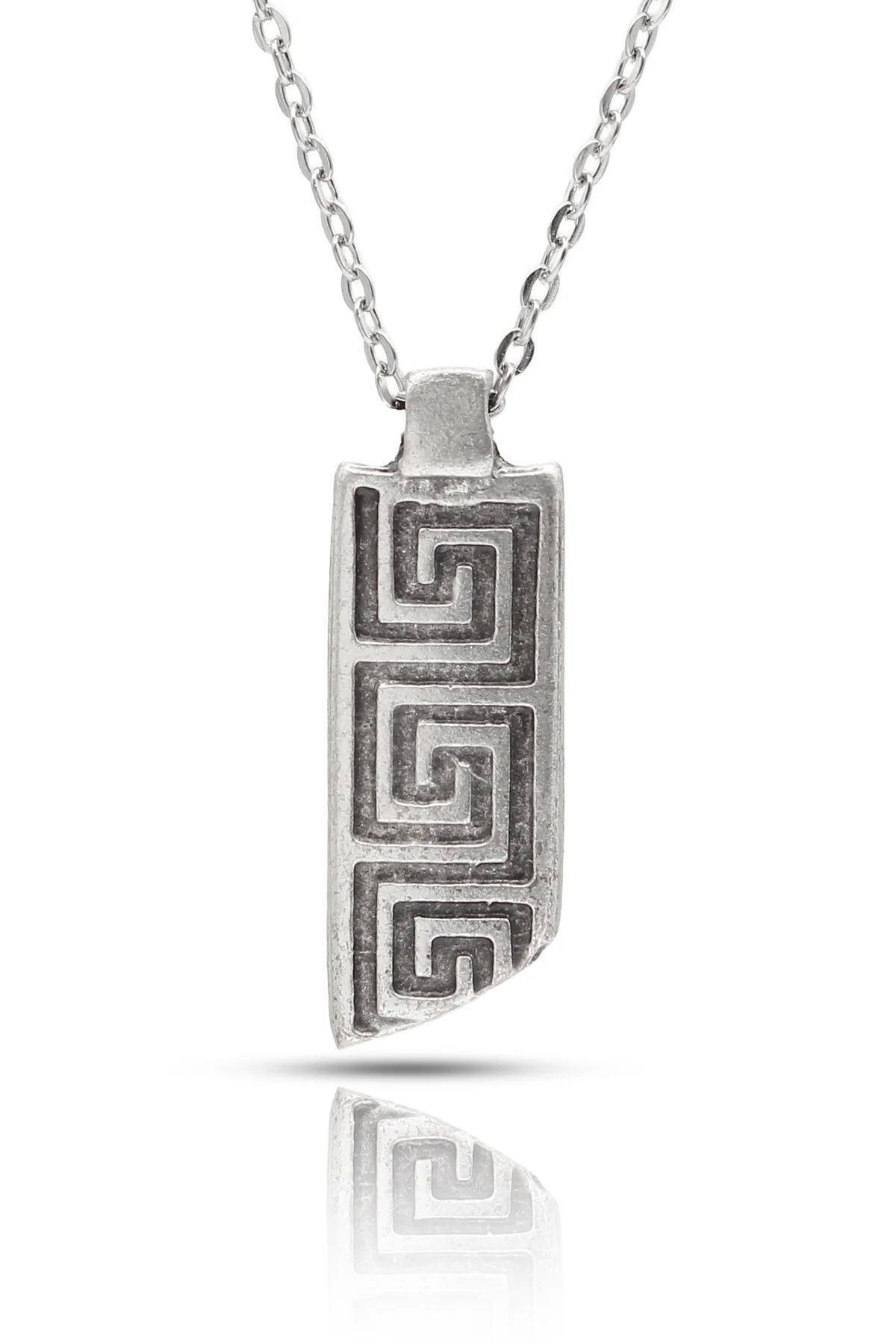 Antik Yunan Meander Desenli Kolye Greek Key Kolye - Antik Gümüş Kaplama - Antik Gümüş Kaplama - Klasik Zincir - 65 cm