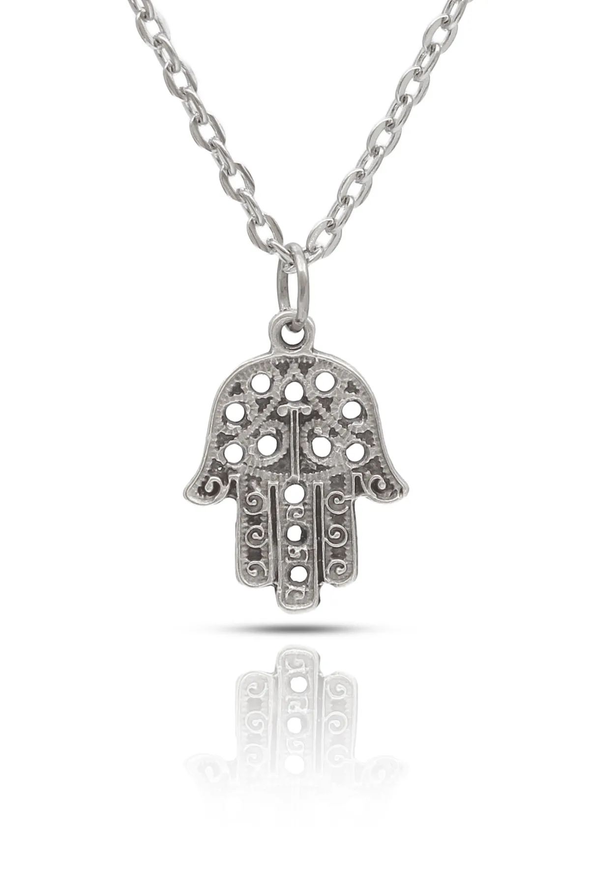 Mini Fatma Ana Eli Kolye Hamsa Eli Koruma ve Bereket Kolye - Antik Gümüş Kaplama - Antik Gümüş Kaplama - Klasik Zincir - 65 cm